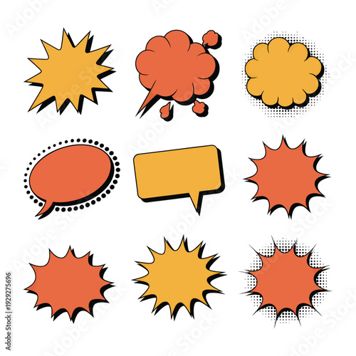 Comic Speech Bubbles: A vibrant collection of comic speech bubbles, perfect for adding dynamic flair to your designs and conveying thoughts, dialogue, and exclamations in a fun, pop art style.