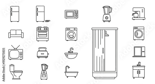 Collection of modern bathroom fixtures and appliances displayed in a grid layout with various icons