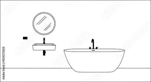 Simple Line Art Illustration of Modern Bathroom Interior with Freestanding Tub and Wall-Mounted Fittings from a Straight-On Viewpoint