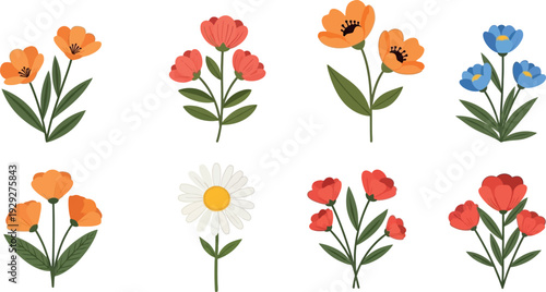 A charming collection of vibrant spring flower illustrations featuring various colorful blossoms and green leaves, ideal for decorative design elements and seasonal projects