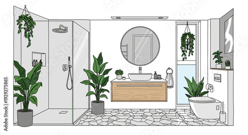 Modern Bathroom Interior with Plants, Sink, and Shower Illustration