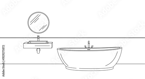 Line art illustration of a modern bathroom with bathtub, sink, and mirror in a minimalist style