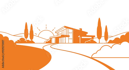 Modern House Illustration with Trees and Road.