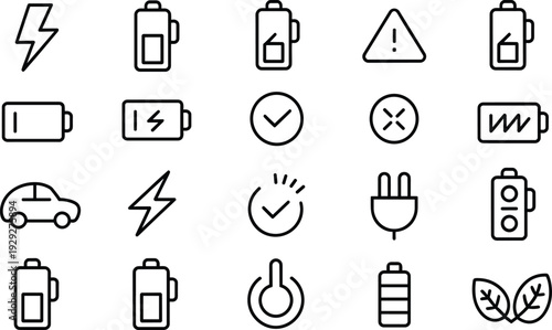 Black and white line of electrical and eco friendly concepts battery, eco friendly, electrical, line black and white, energy, power, leaf, plug, car, warning sign, checkmark, x, toggle switch, black, 