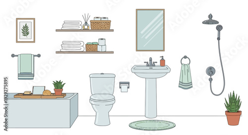 Vector illustration of a modern bathroom interior with toilet, sink, and shower from a frontal viewpoint.