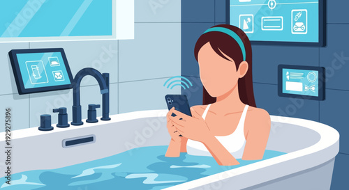 Woman relaxing in a bathtub with a smartphone, surrounded by smart bathroom technology and calming ambiance in a modern bathroom setting viewed from the side.