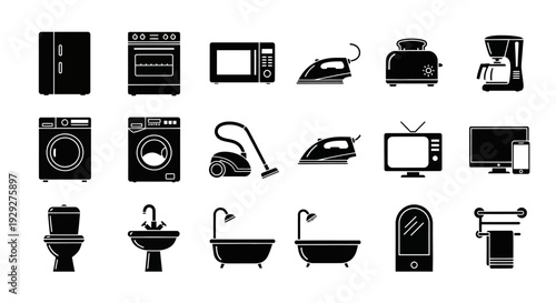 Illustration of various black home appliances and bathroom fixtures in a grid layout on a transparent background