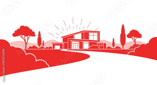 Modern House Illustration with Trees and Yard.