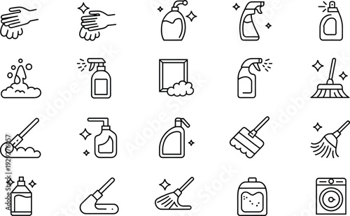 Cleaning set with black line on white line black and white cleaning, line black and white, cleaning products, household broom, mop, washing machine, spray bottle, soap dispenser, hands washing, sparkl