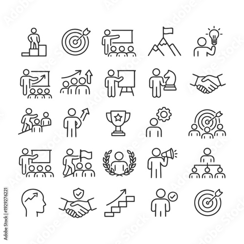 Outline icons representing business success and leadership concepts.