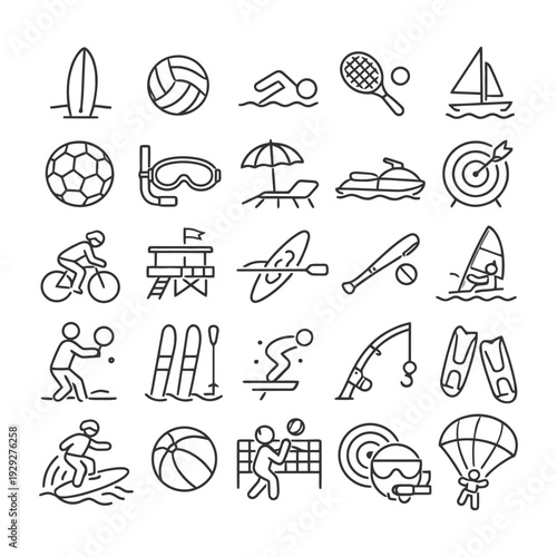 Line art icons of various summer and water sports activities.