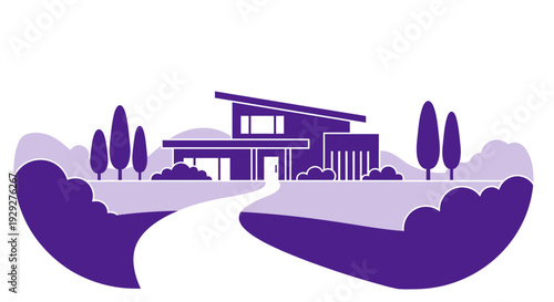 Modern House Illustration with Trees Landscape.