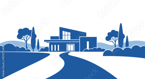 Modern House with Driveway and Trees.