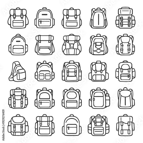 Collection of various backpack designs with different styles and shapes.