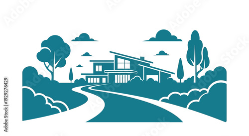 Modern House Illustration with Trees and Road.