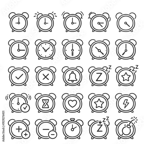 Collection of 24 alarm clock icons with various features and functions.