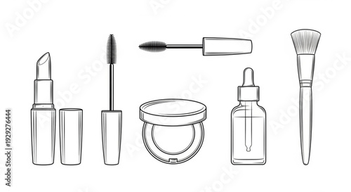 Collection of cosmetic products including lip gloss, mascara, compact powder, and skincare serum displayed against a clean background from a front viewpoint