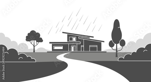 Modern House with Driveway and Trees.