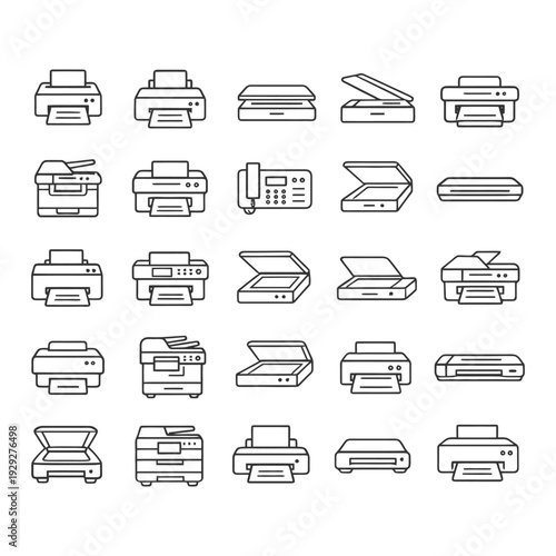 Collection of printer and scanner icons featuring various office equipment designs.