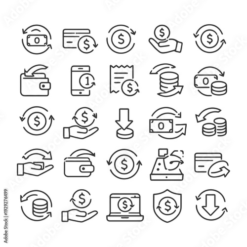 Financial icons: money, wallets, transactions, and security symbols.