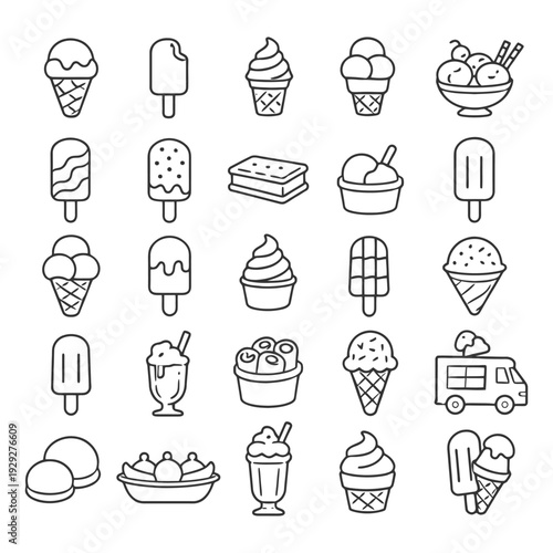 Variety of ice cream and popsicle line art icons in black and white.