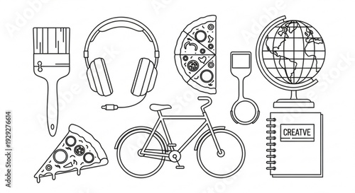 A collection of icons representing hobbies and interests including art, music, food, cycling, and global exploration.