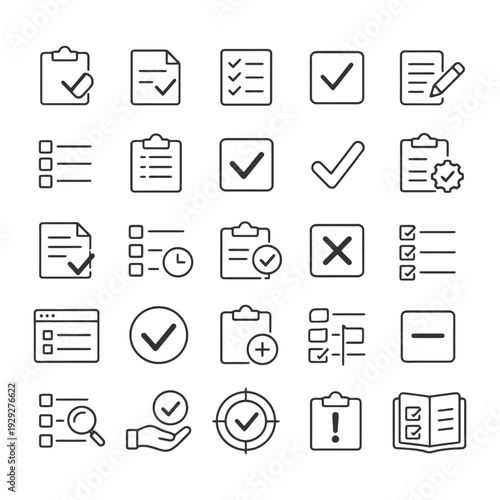 Set of line icons for checklist, task management, approval, and document organization.