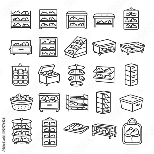 Variety of shoe storage solutions with shelves and boxes in line art.