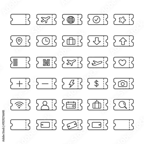 Set of 24 travel and technology icon tickets.