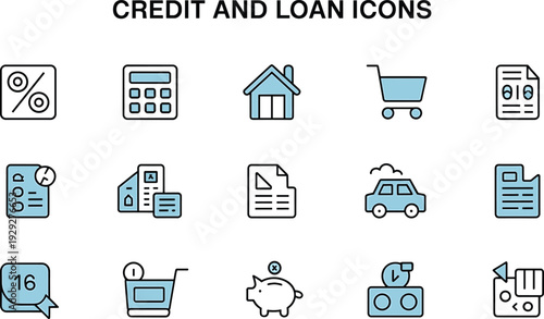 Blue and black credit and loan on white background credit, loan, blue, black, white, finance, banking, business, calculator, house, shopping cart, documents, car, piggy bank, clock, money, payment, tr