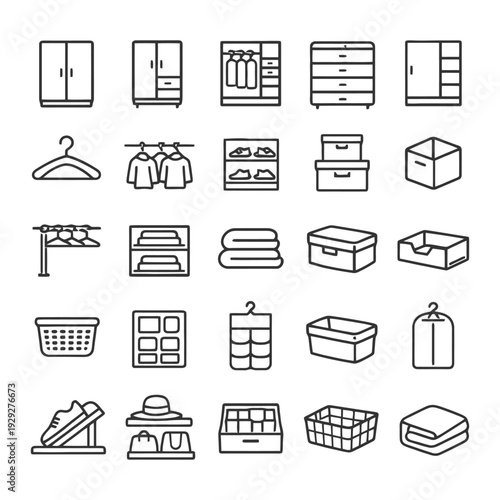 Home organization icons: wardrobe storage and closet systems.