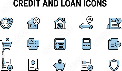 Blue credit and loan on white background finance credit, loan, blue, white, finance, banking, money, business, shopping cart, calculator, piggy bank, house, car, document, shield, clock, percentage, f