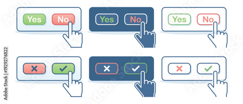 Finger Tapping Popup Box With Green Yes Check and Red No Cross Buttons SYmbol. Vector Illustration