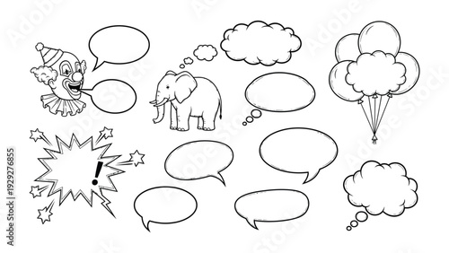 Illustration of a Circus Clown and Elephant with Speech Bubbles: A whimsical illustration showcases a jovial circus clown and a majestic elephant, each accompanied by a collection of speech bubbles.