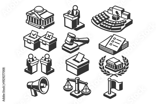 Political symbols: government, voting, debate, justice, and democracy.