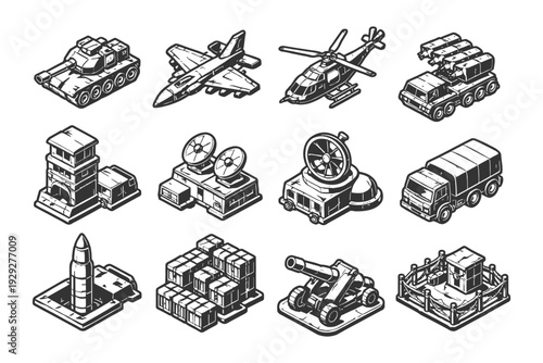 Isometric military vehicles and equipment collection in monochrome.