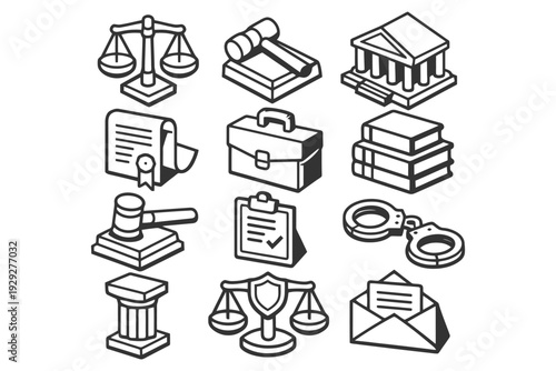Isometric legal icons set: justice, gavel, courthouse, scales, documents.
