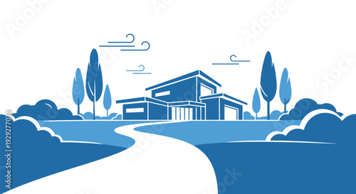 Modern House with Pathway and Trees Illustration.
