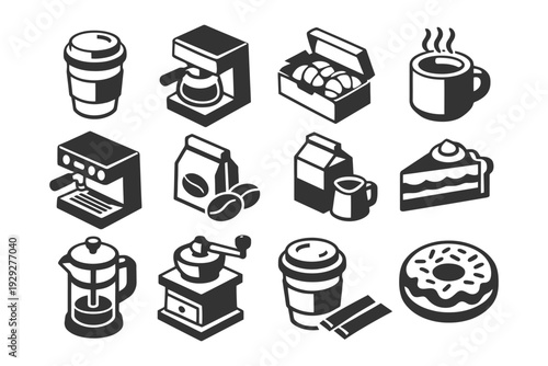 Coffee and bakery essentials: cups, machines, beans, pastries, and more icons.