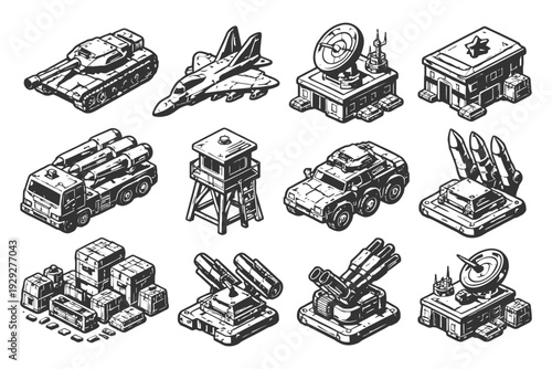 Isometric military vehicles and equipment icons set: tanks, jets, trucks, radar.