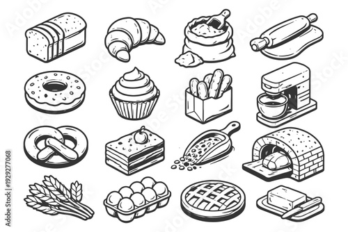 Bakery icons: bread, pastries, baking tools, ingredients, oven.