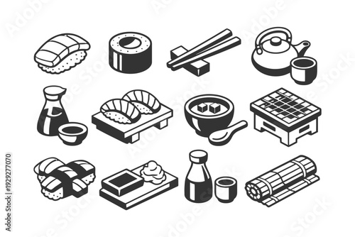 Japanese cuisine icons: sushi, sake, teapot, chopsticks, grill.