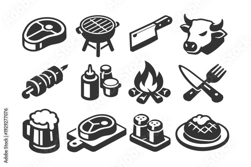 Barbecue icon set featuring grill, steak, cleaver, and bbq elements.