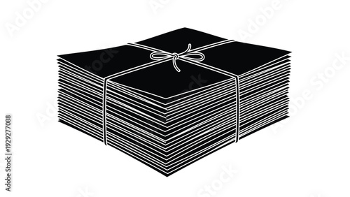 Stylized black and white illustration depicting a tall, neatly stacked pile of paper secured tightly with a simple piece of twine tied in a bow.