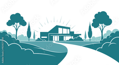 Modern House with Trees and Pathway.