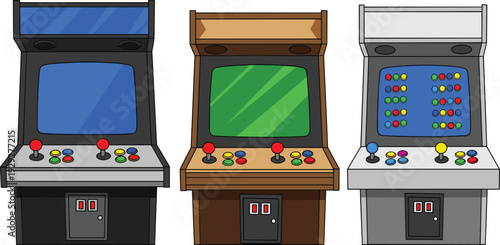 Arcade machines with different colored screens and control panels games classic retro
