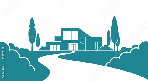 Modern House with Trees and Pathway.