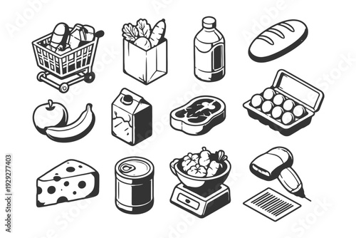 Monochrome grocery icons: cart, bag, bottle, bread, fruits, meat, dairy, hairdryer.