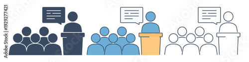 Seminar Conference Icon. Speaker on Podium with Audience Presentation Symbol. Vector Illustration
