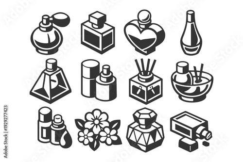 Monochrome perfume icon set featuring varied geometric bottle designs.